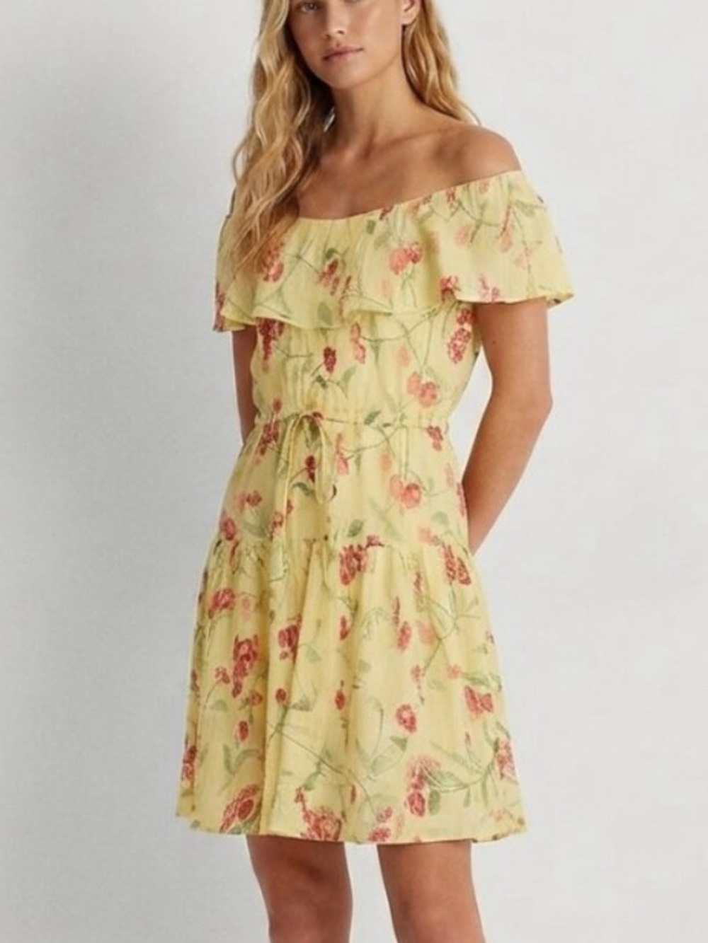 Lauren Ralph Lauren Yellow Floral Crinkled Off Shoulder Dress 8 39938
